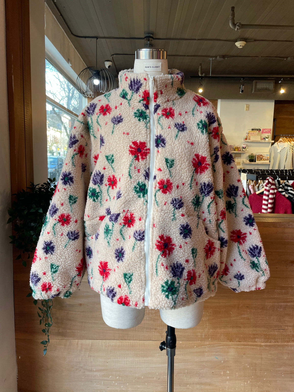 Flower Faux Sherpa Zip Up