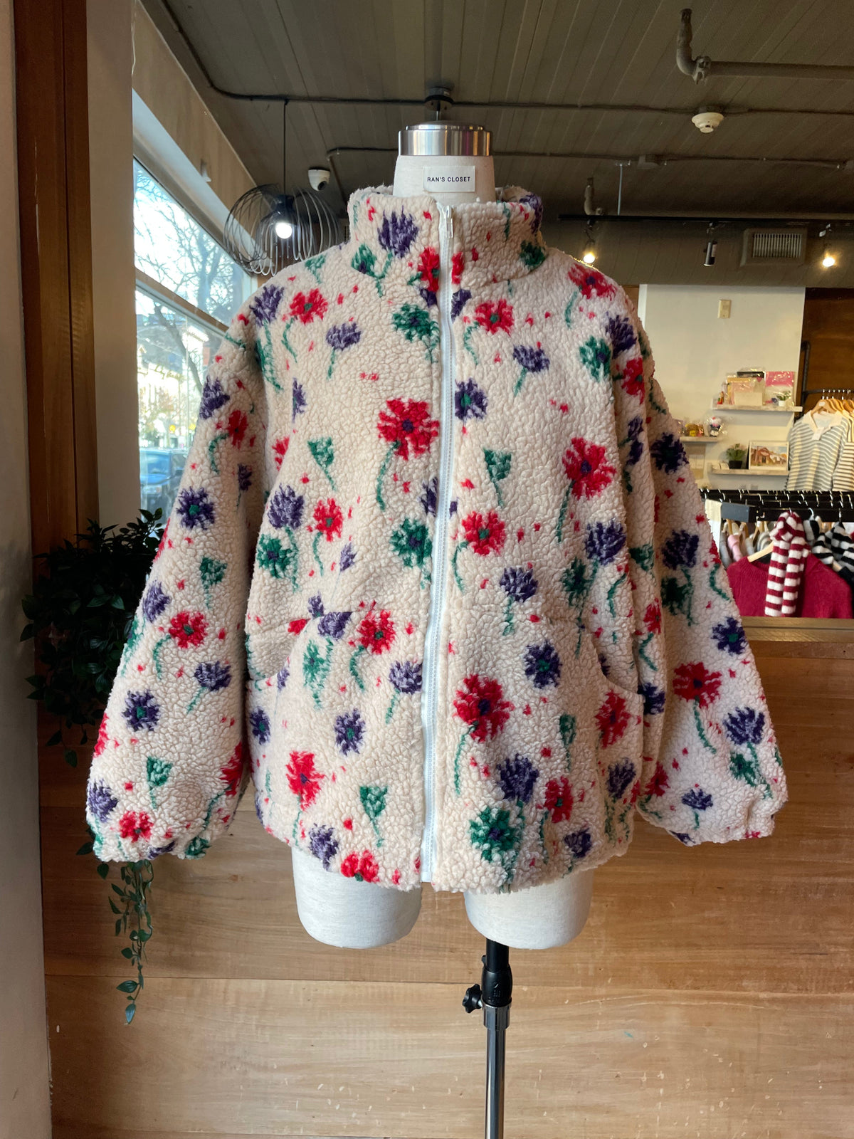 Flower Faux Sherpa Zip Up