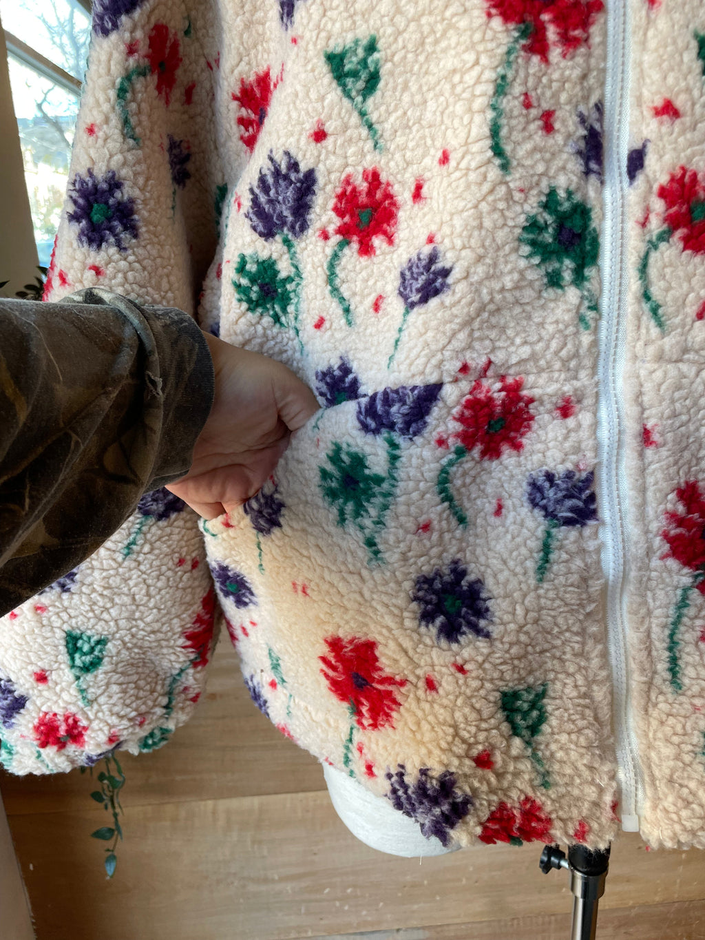 Flower Faux Sherpa Zip Up