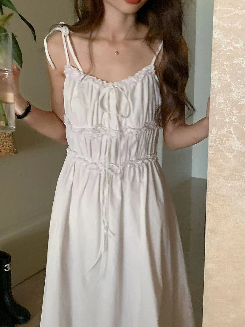 white shirred ruffle dress