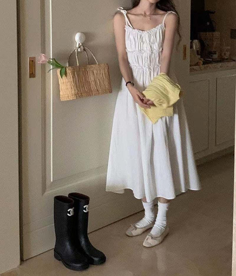 white shirred ruffle dress