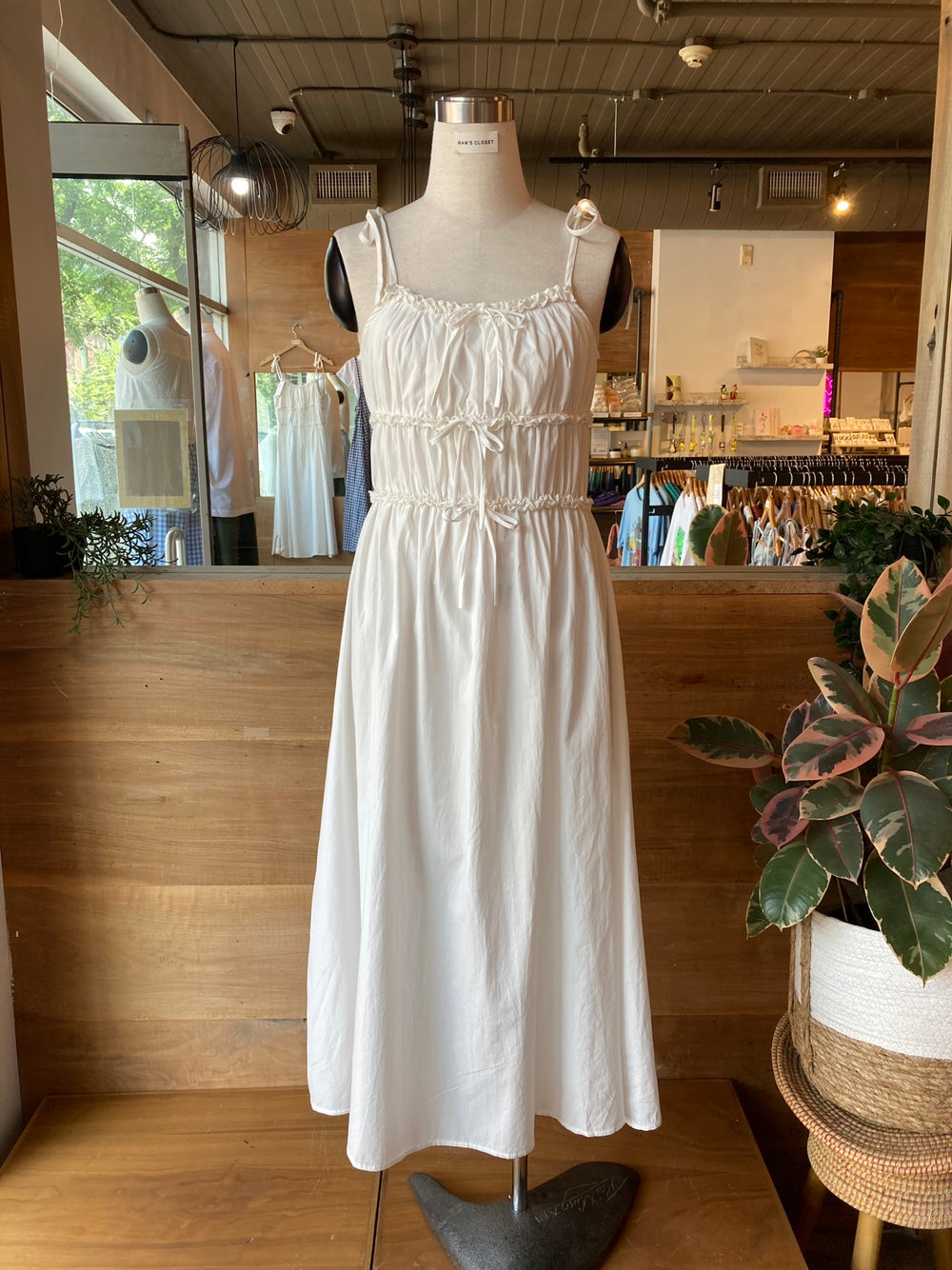 white shirred ruffle dress