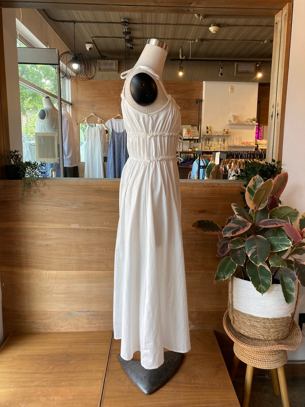 white shirred ruffle dress