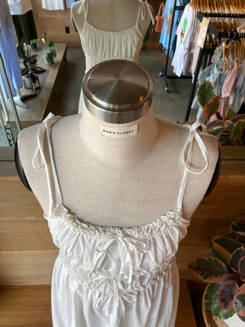 white shirred ruffle dress