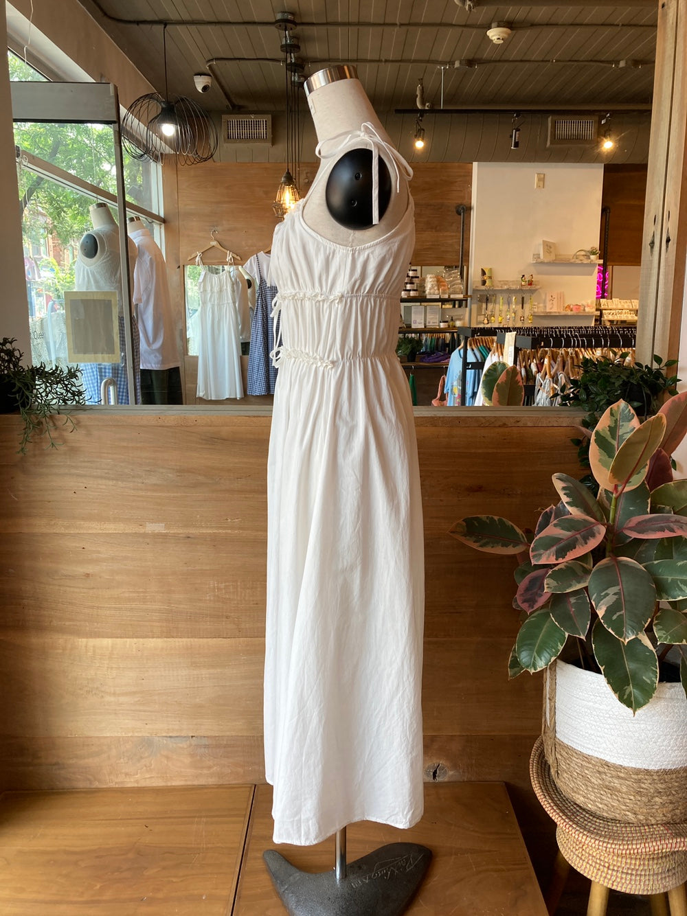 white shirred ruffle dress