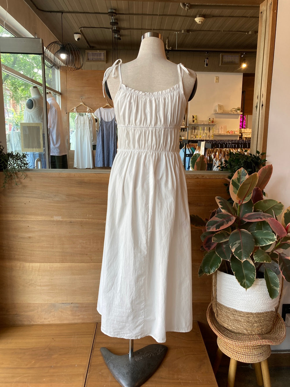 white shirred ruffle dress
