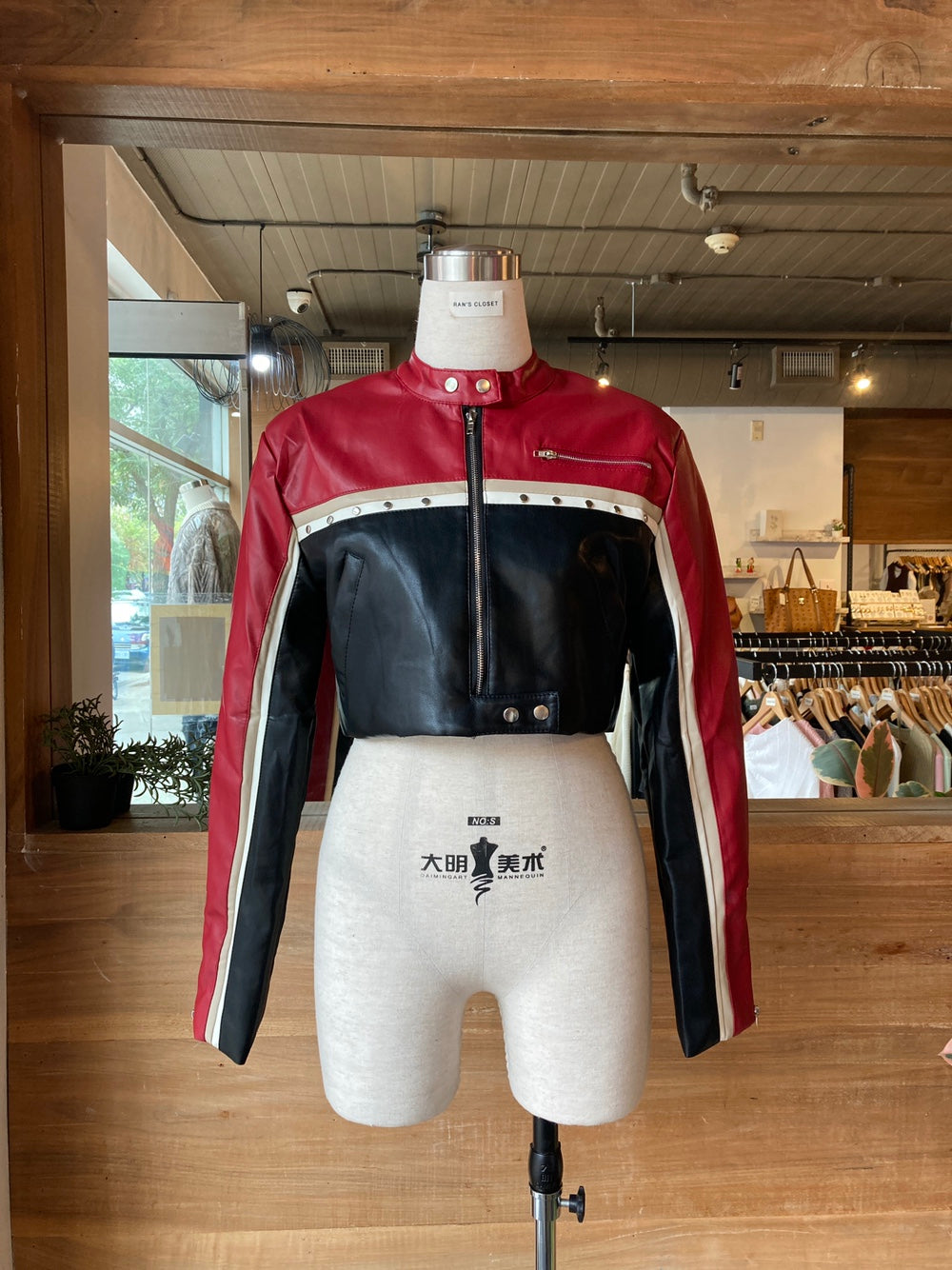Cropped Red and Black Moto Jacket