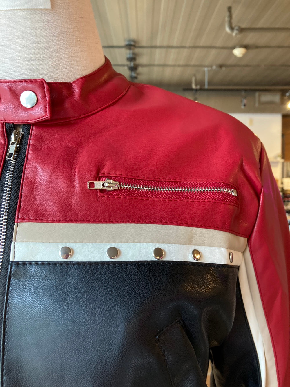 Cropped Red and Black Moto Jacket