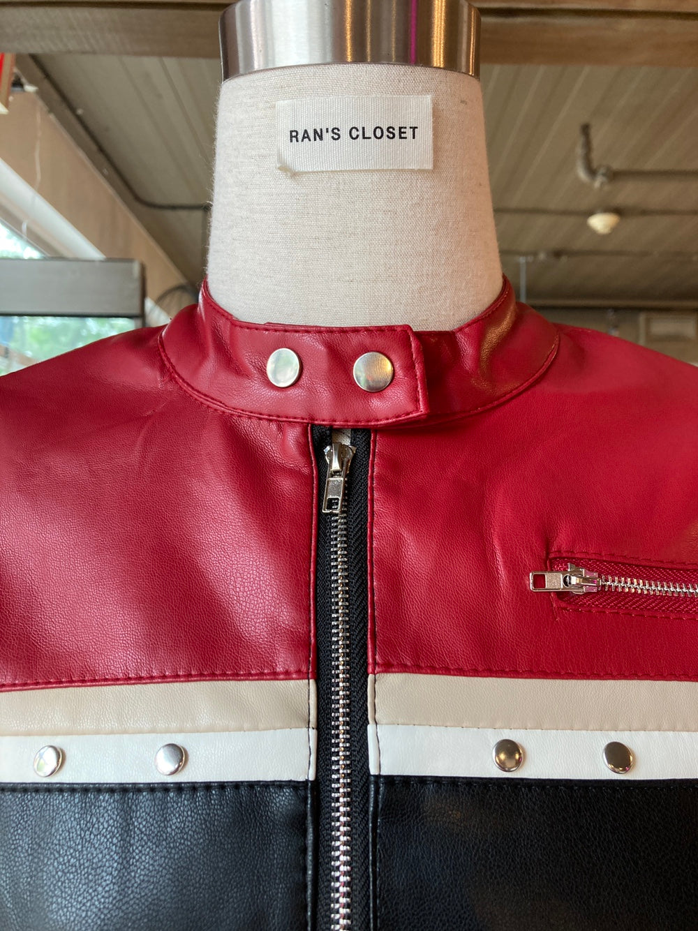 Cropped Red and Black Moto Jacket