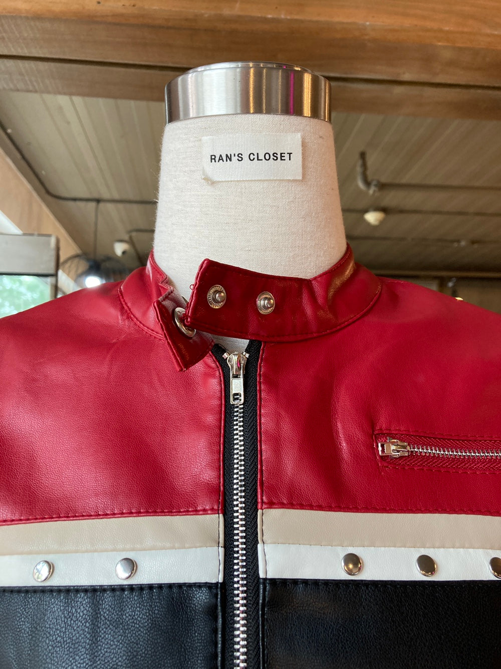 Cropped Red and Black Moto Jacket
