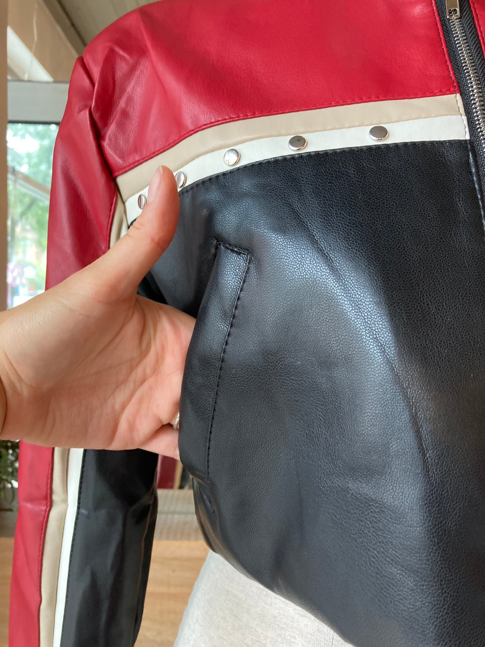 Cropped Red and Black Moto Jacket