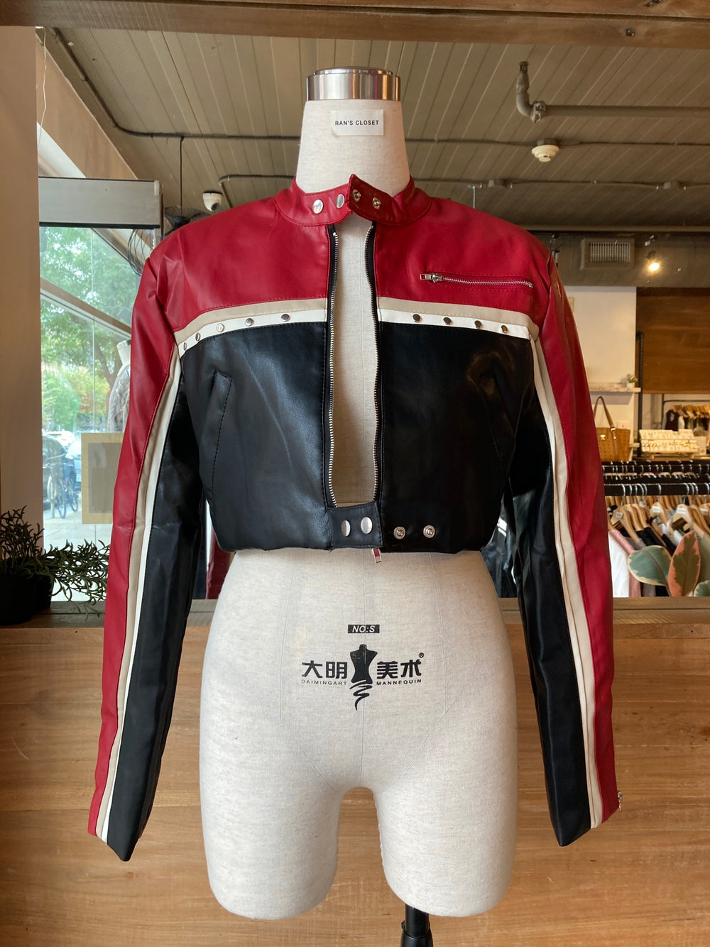 Cropped Red and Black Moto Jacket