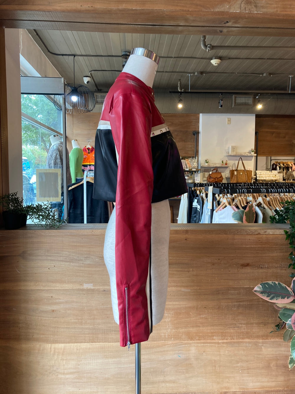 Cropped Red and Black Moto Jacket