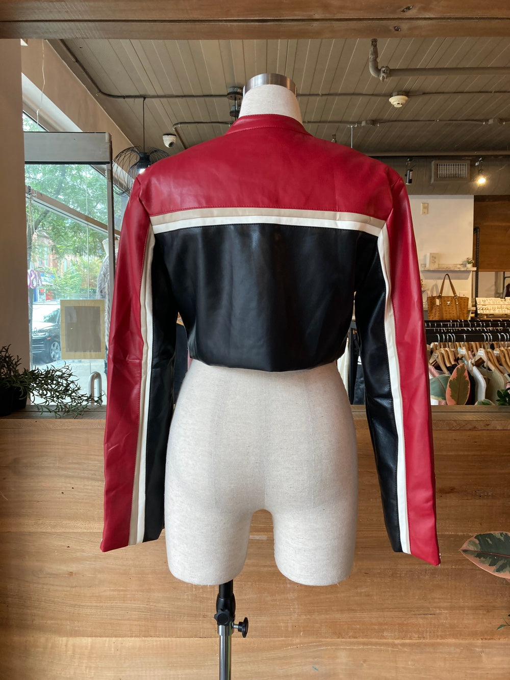 Cropped Red and Black Moto Jacket