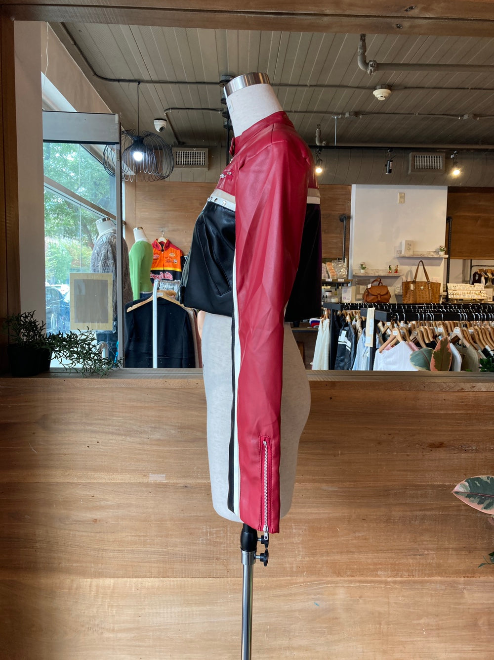 Cropped Red and Black Moto Jacket