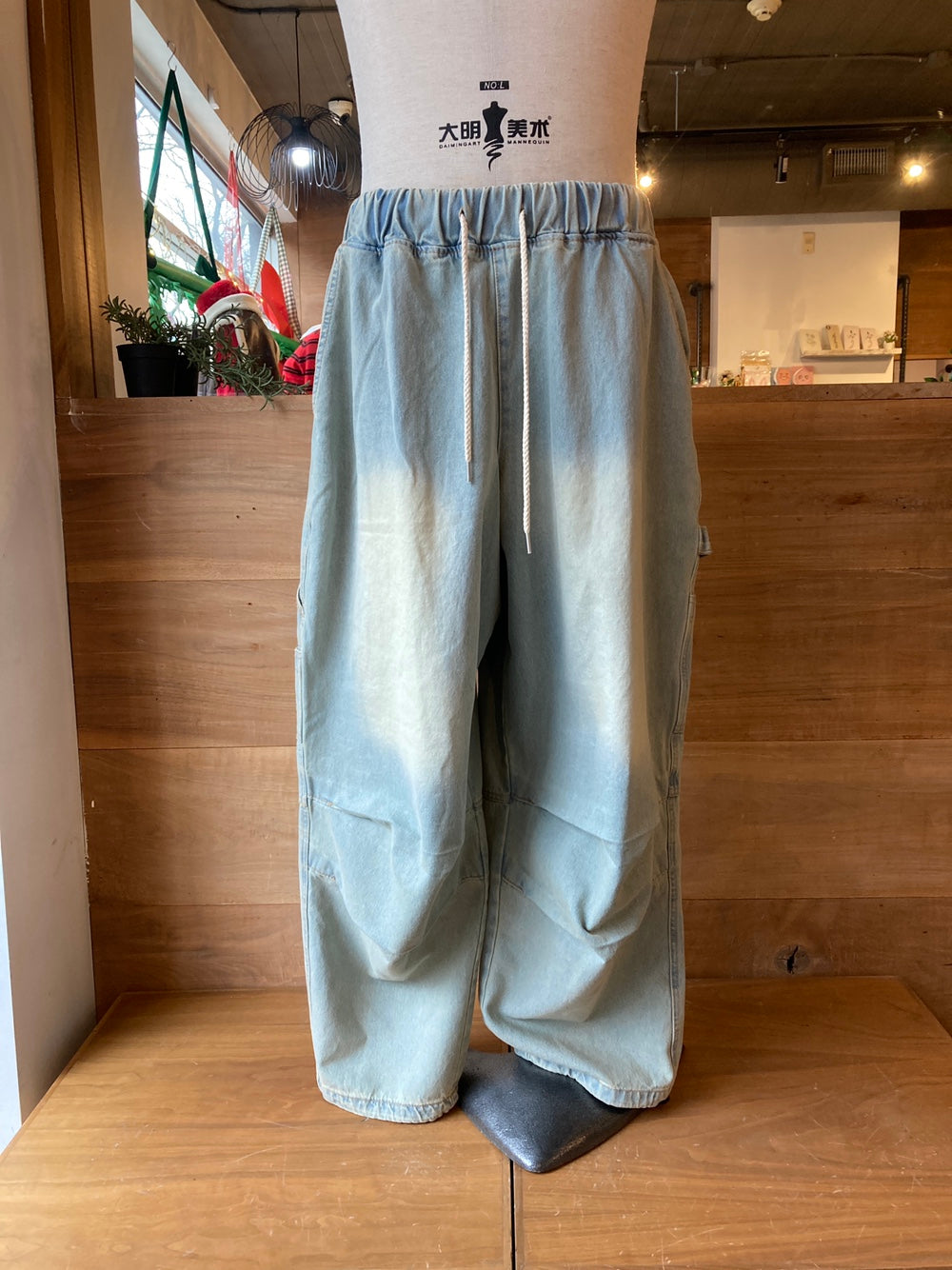 Drawstring Waist Wide Leg Denim Cargo Pants