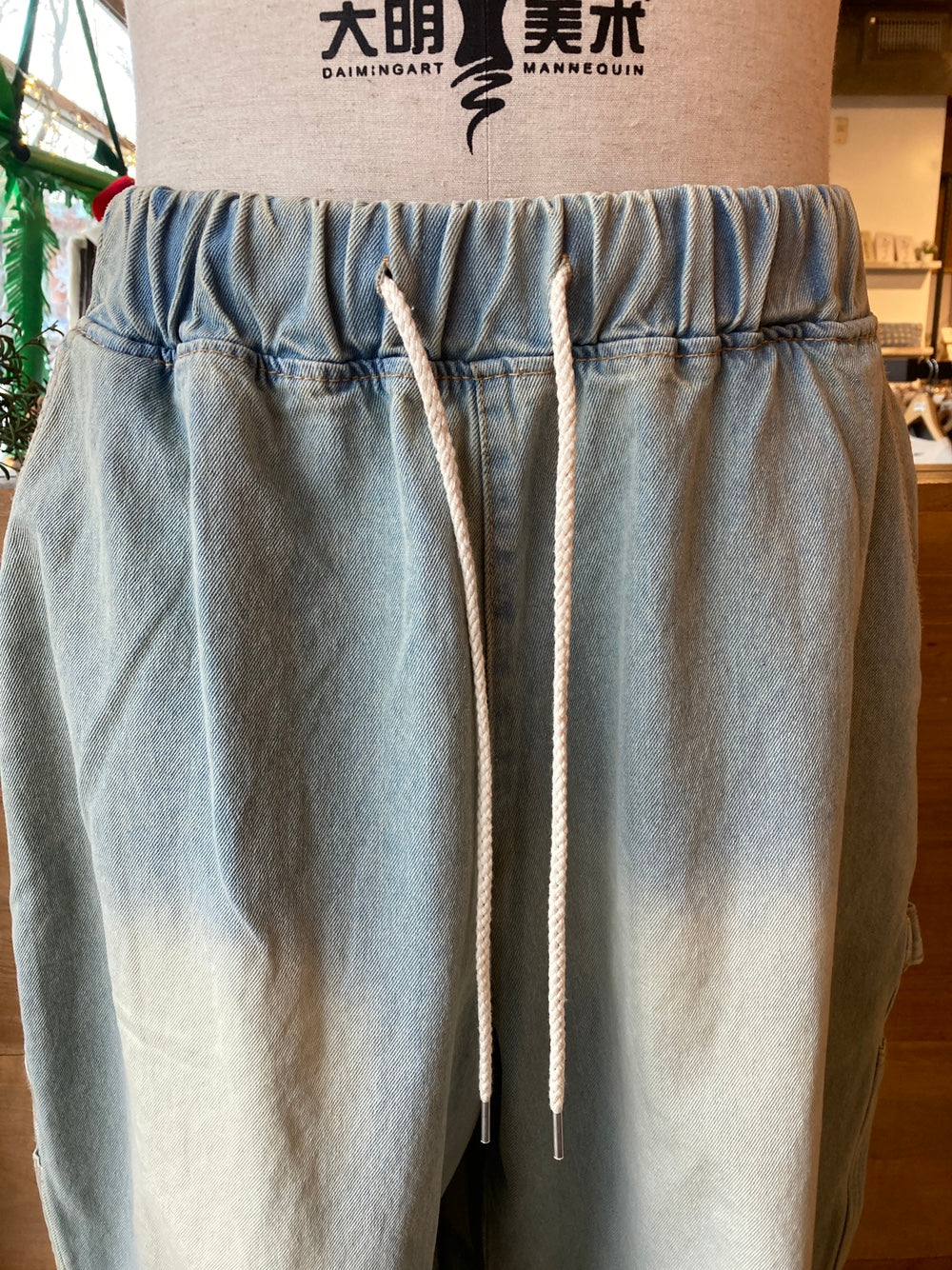 Drawstring Waist Wide Leg Denim Cargo Pants