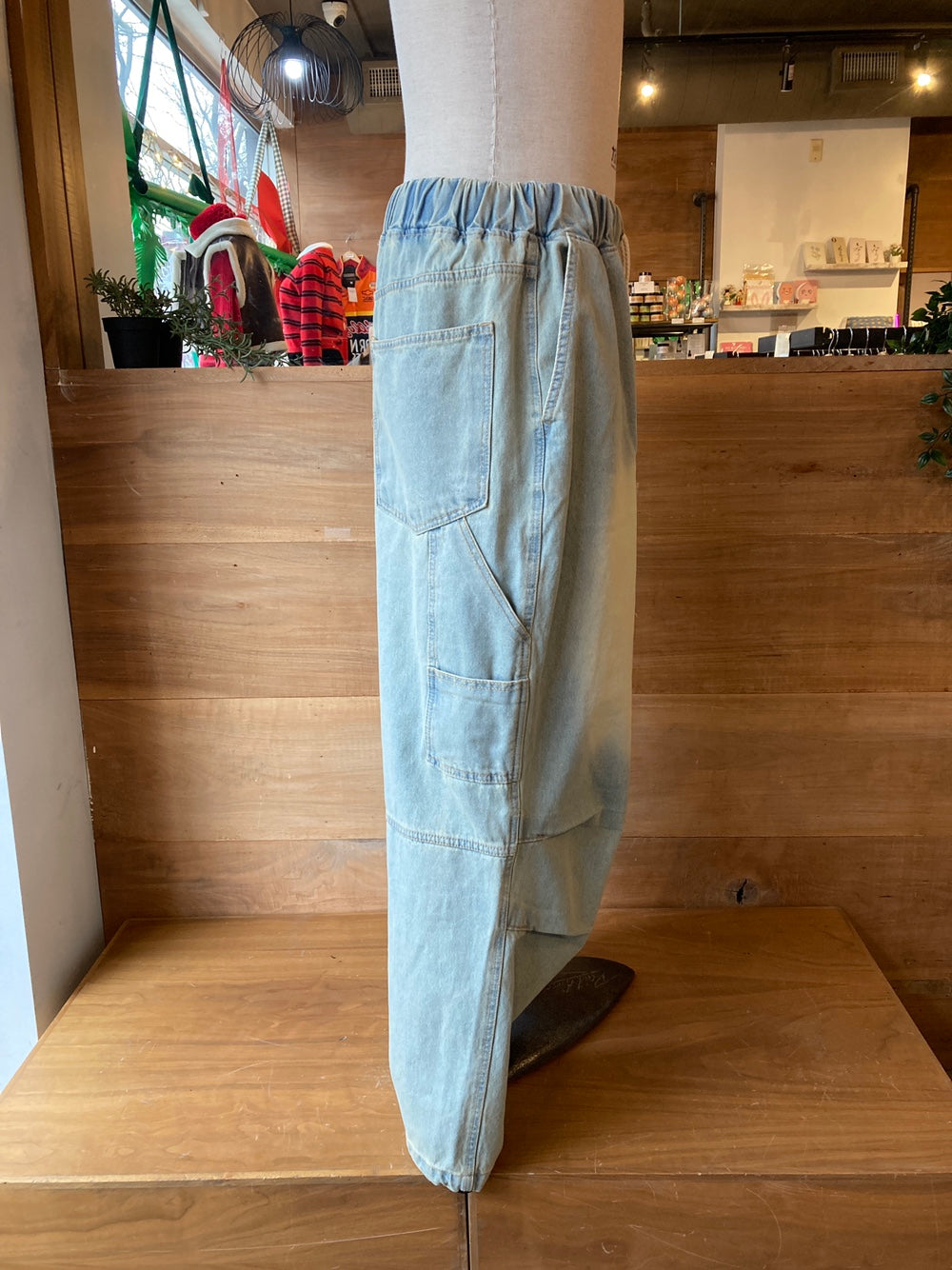 Drawstring Waist Wide Leg Denim Cargo Pants