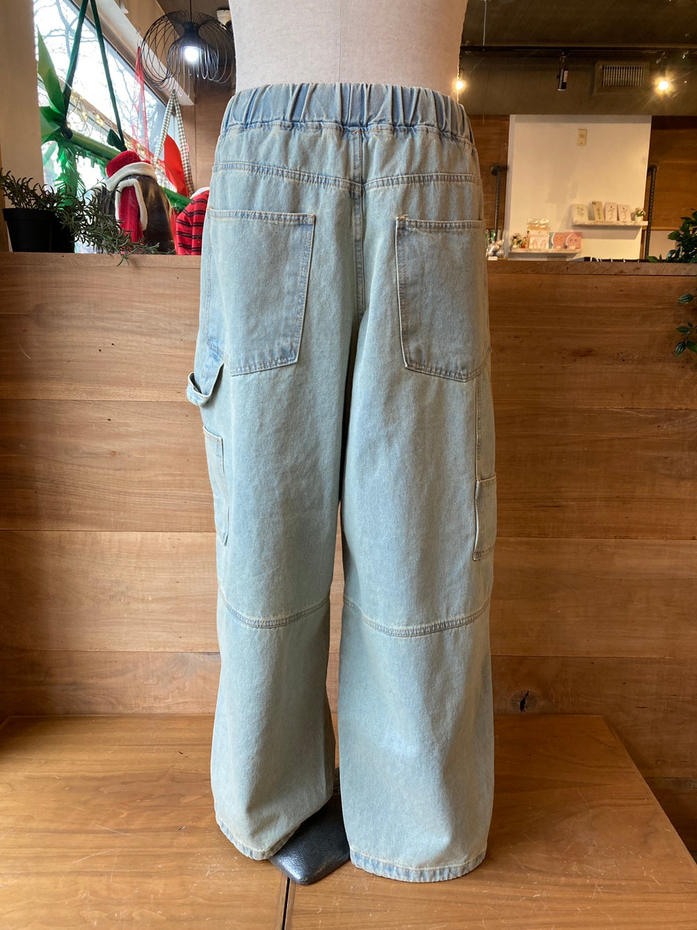 Drawstring Waist Wide Leg Denim Cargo Pants