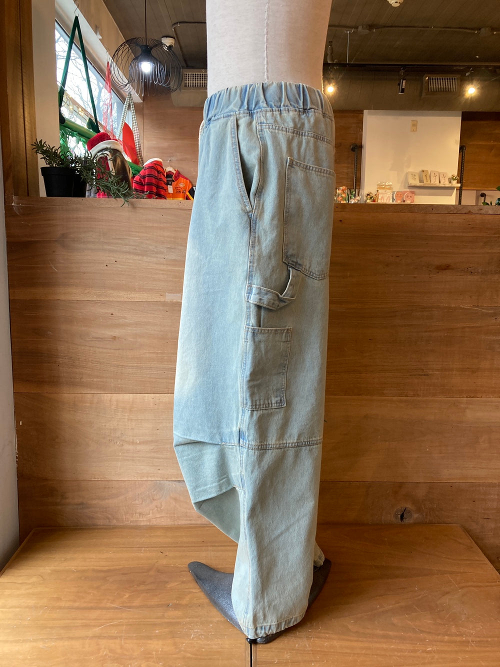 Drawstring Waist Wide Leg Denim Cargo Pants