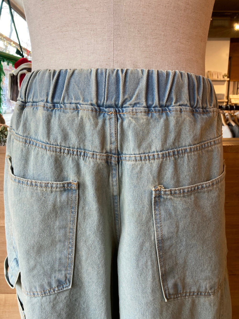 Drawstring Waist Wide Leg Denim Cargo Pants