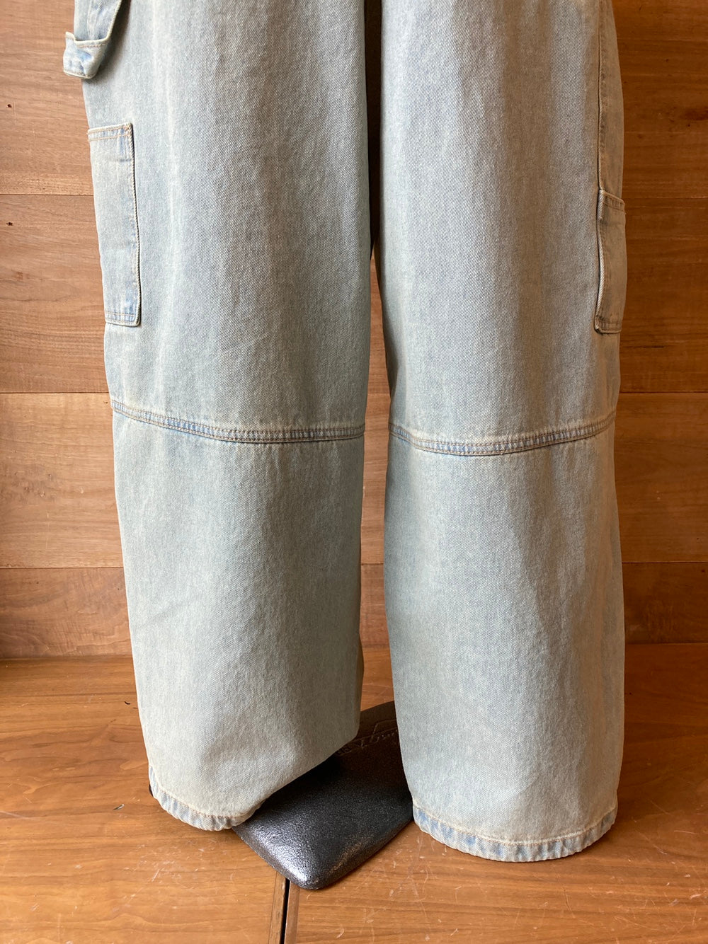 Drawstring Waist Wide Leg Denim Cargo Pants