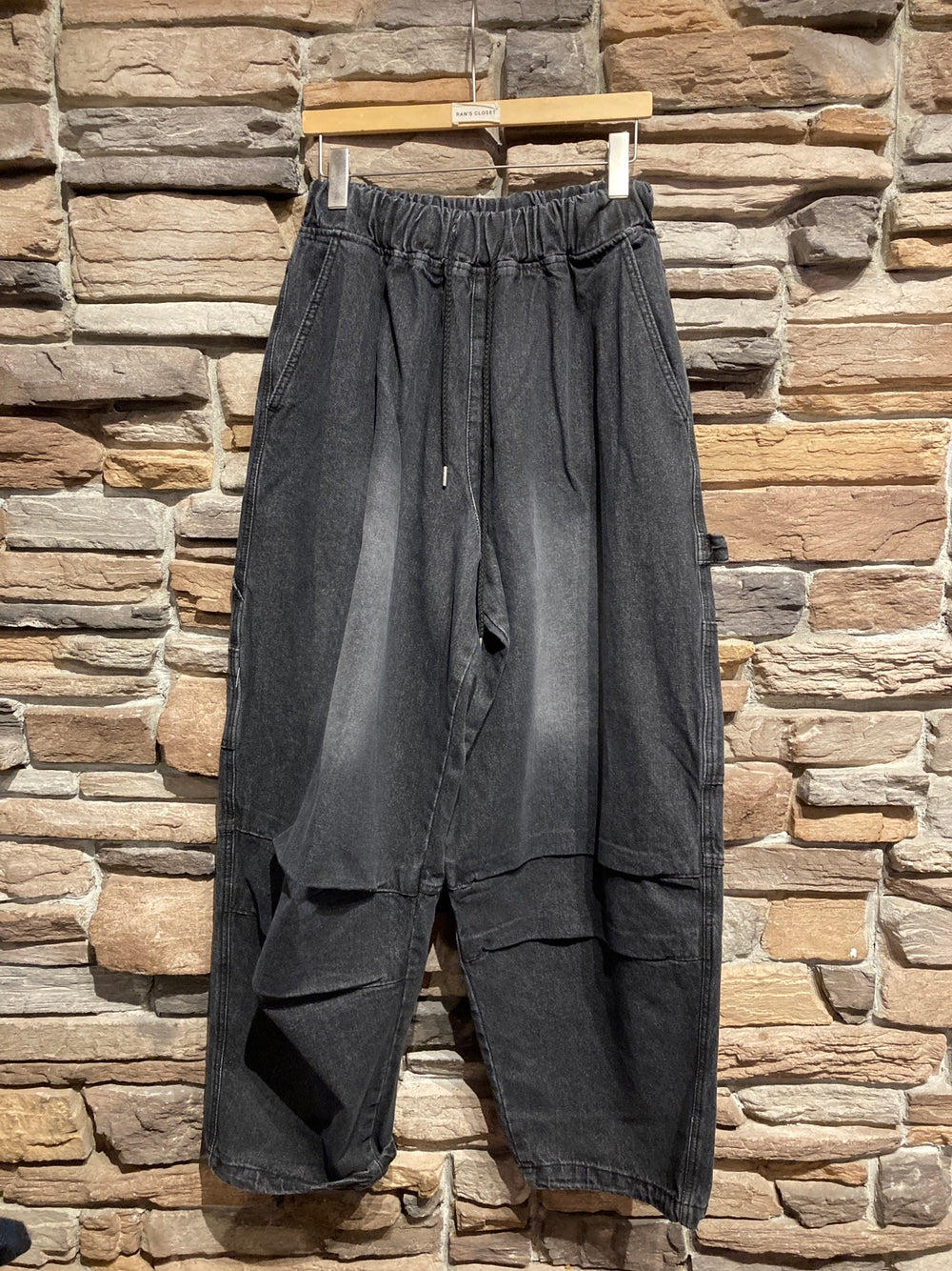 Drawstring Waist Wide Leg Denim Cargo Pants