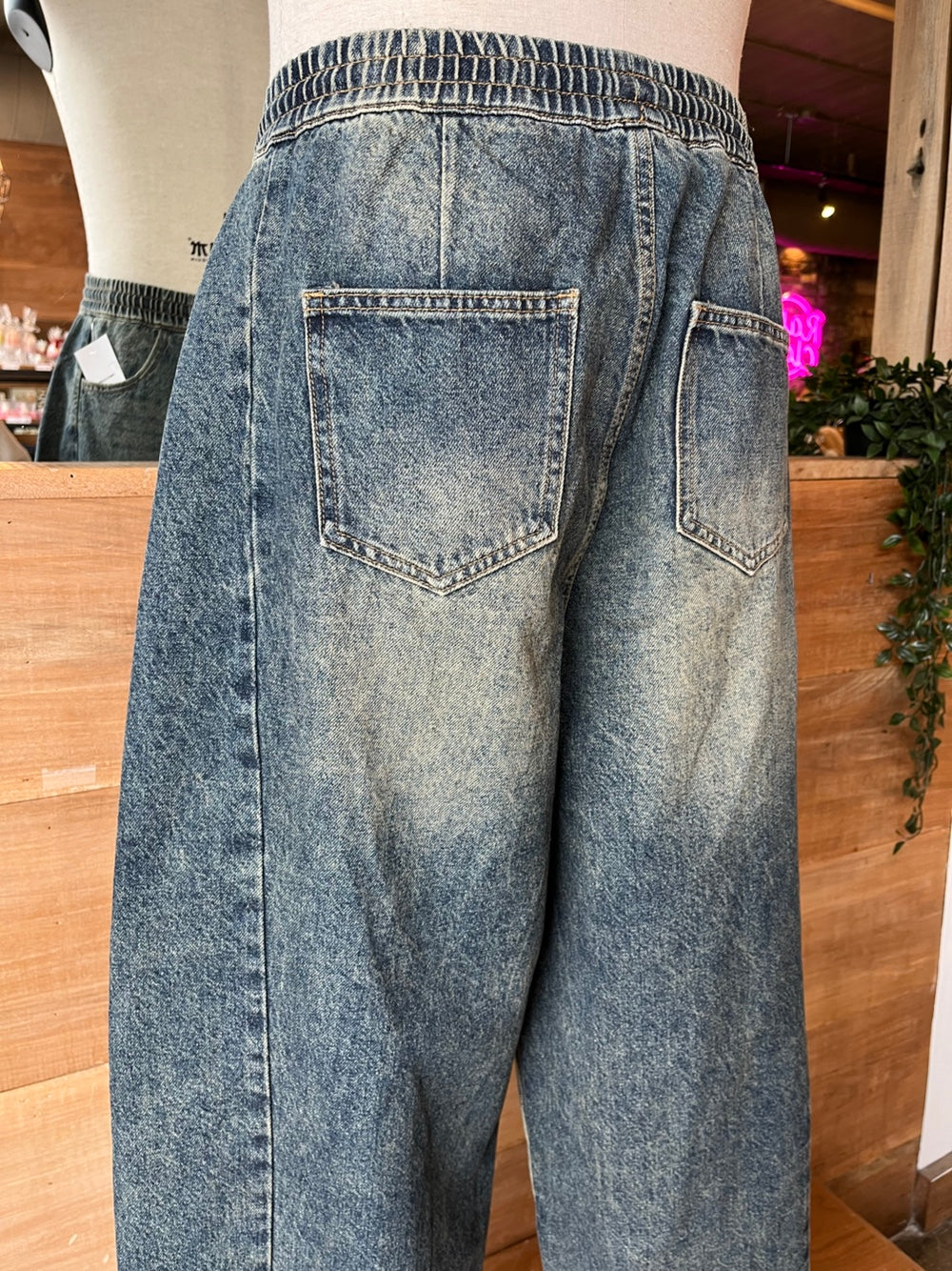 Drawstring Denim Barrel Jeans