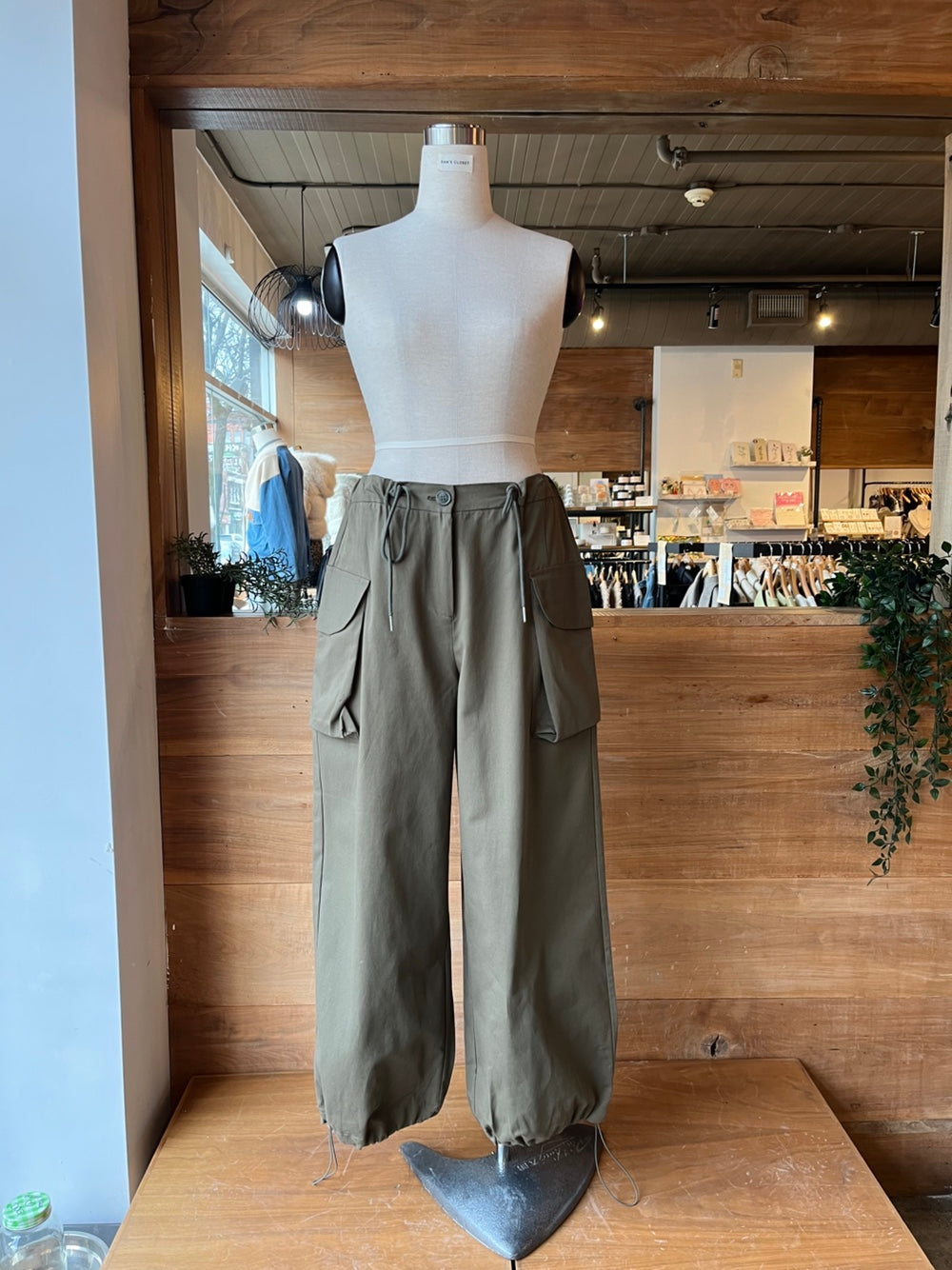 Drawstring Waist Khaki Cargo Pants