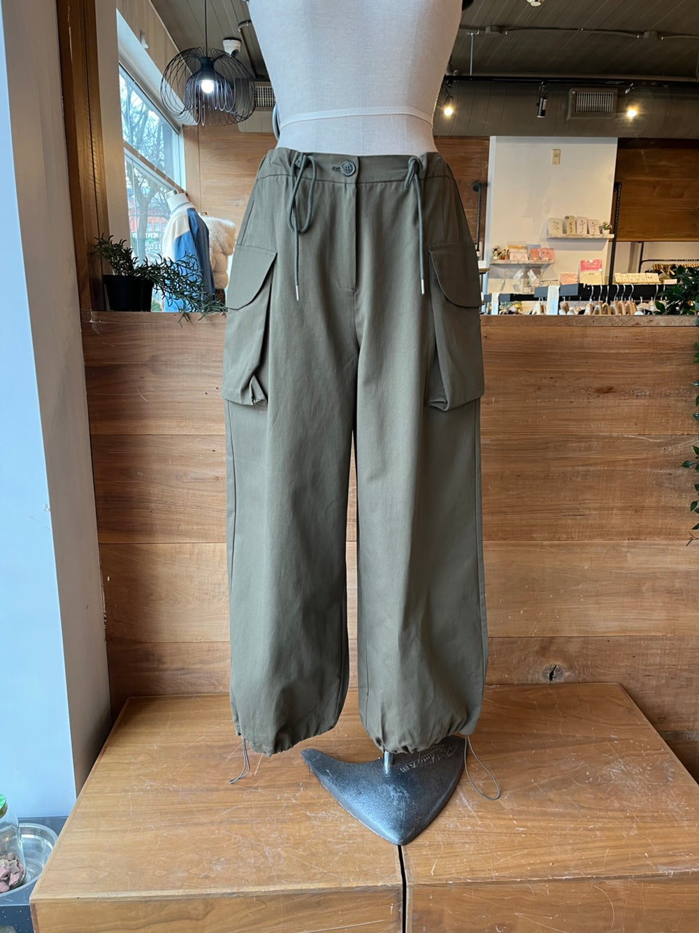 Drawstring Waist Khaki Cargo Pants