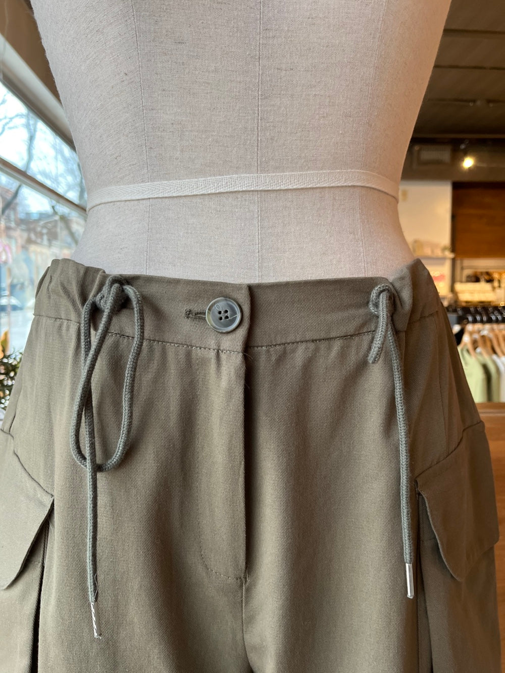 Drawstring Waist Khaki Cargo Pants