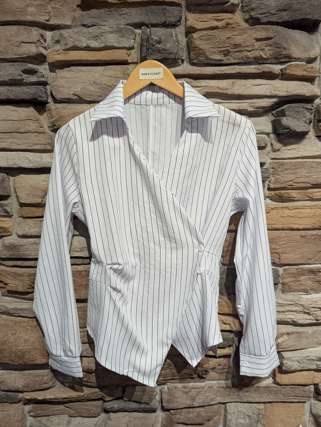 Side Cinched Pinstripe Blouse with Collar