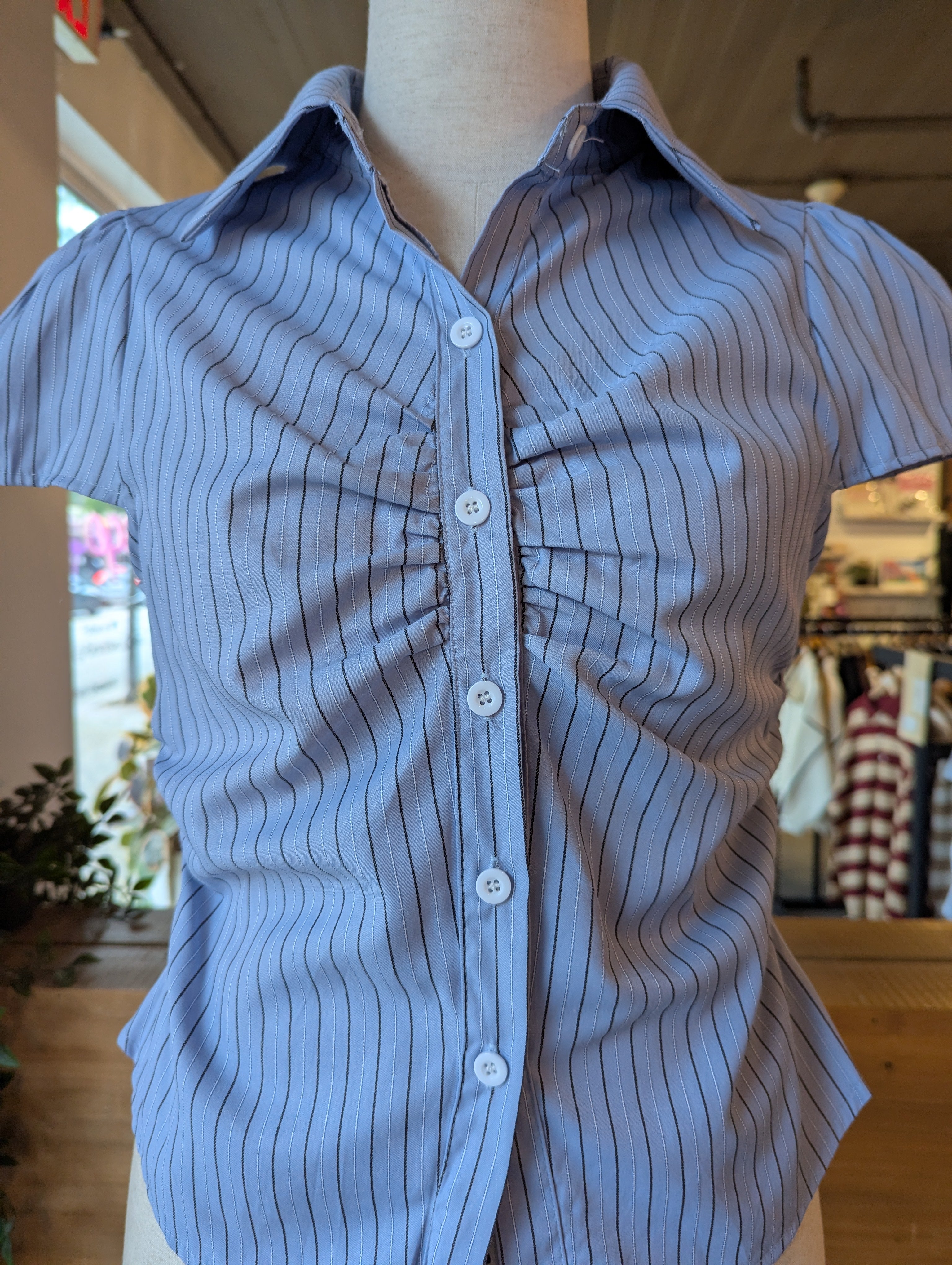 Short Sleeve Stripe Ruched Button Down