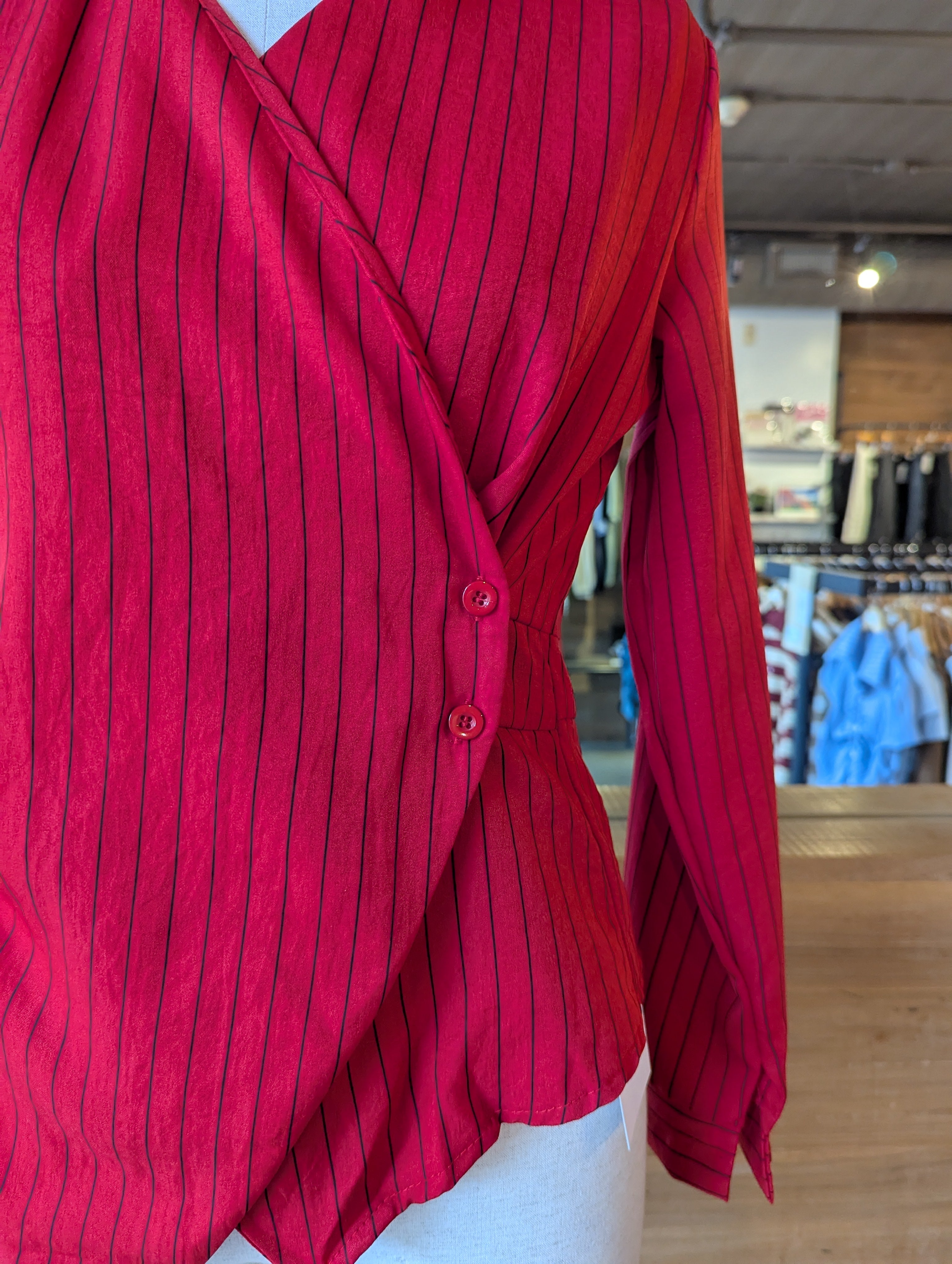 Side Cinched Pinstripe Blouse with Collar