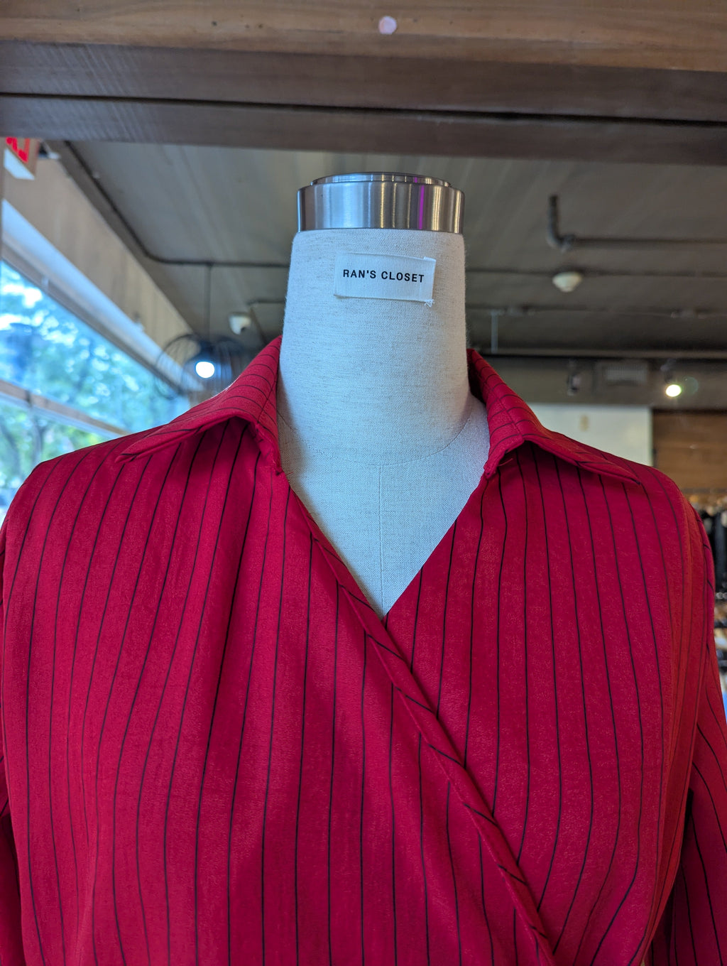 Side Cinched Pinstripe Blouse with Collar