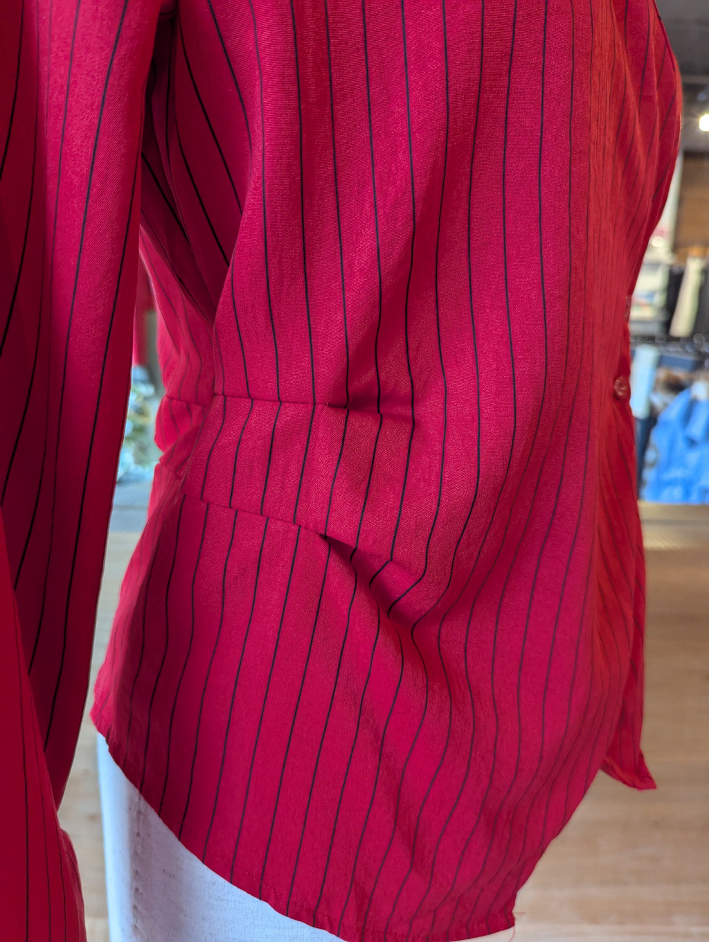 Side Cinched Pinstripe Blouse with Collar