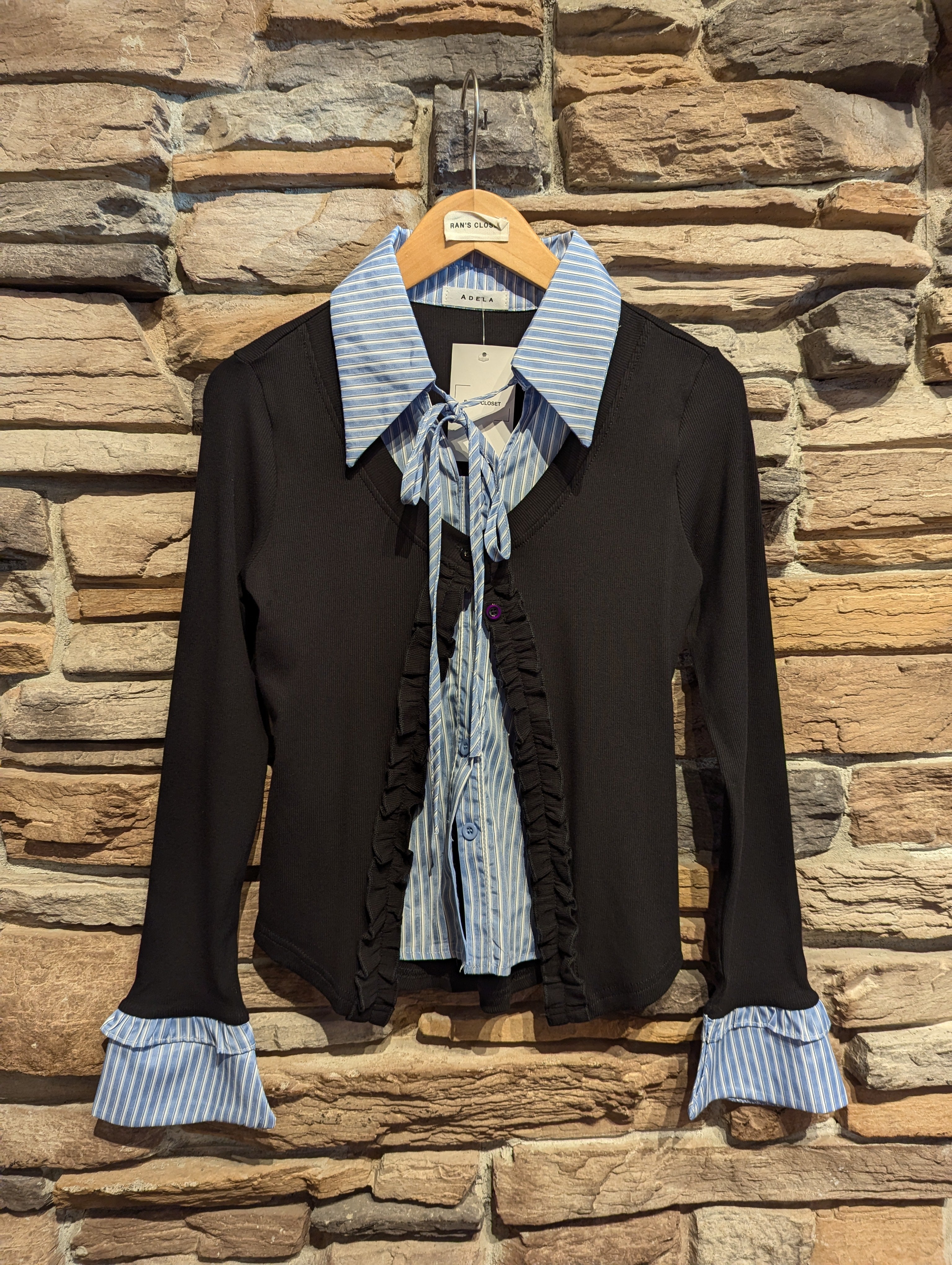 Ruffle Cardigan with Built in Collar Shirt