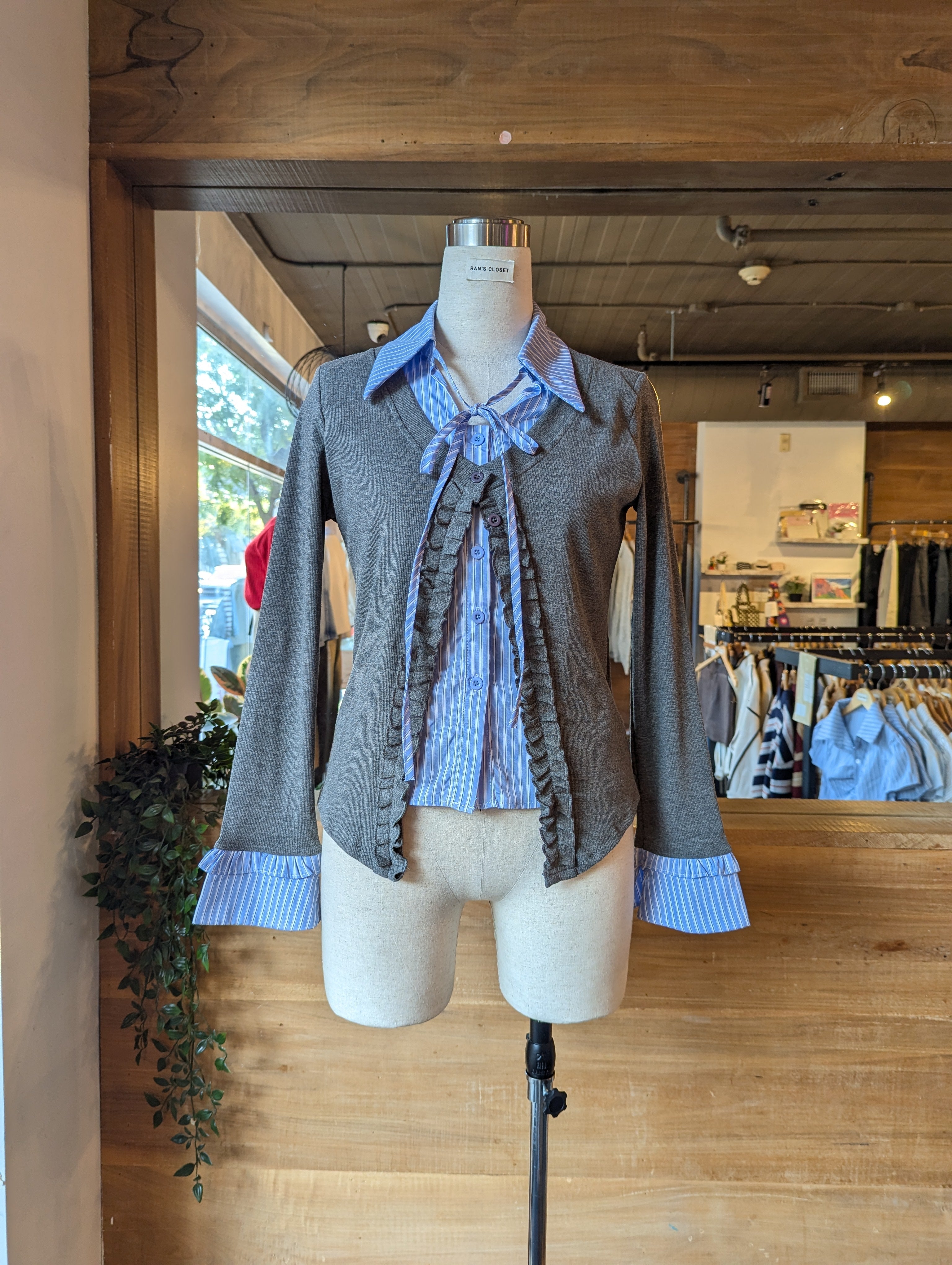 Ruffle Cardigan with Built in Collar Shirt