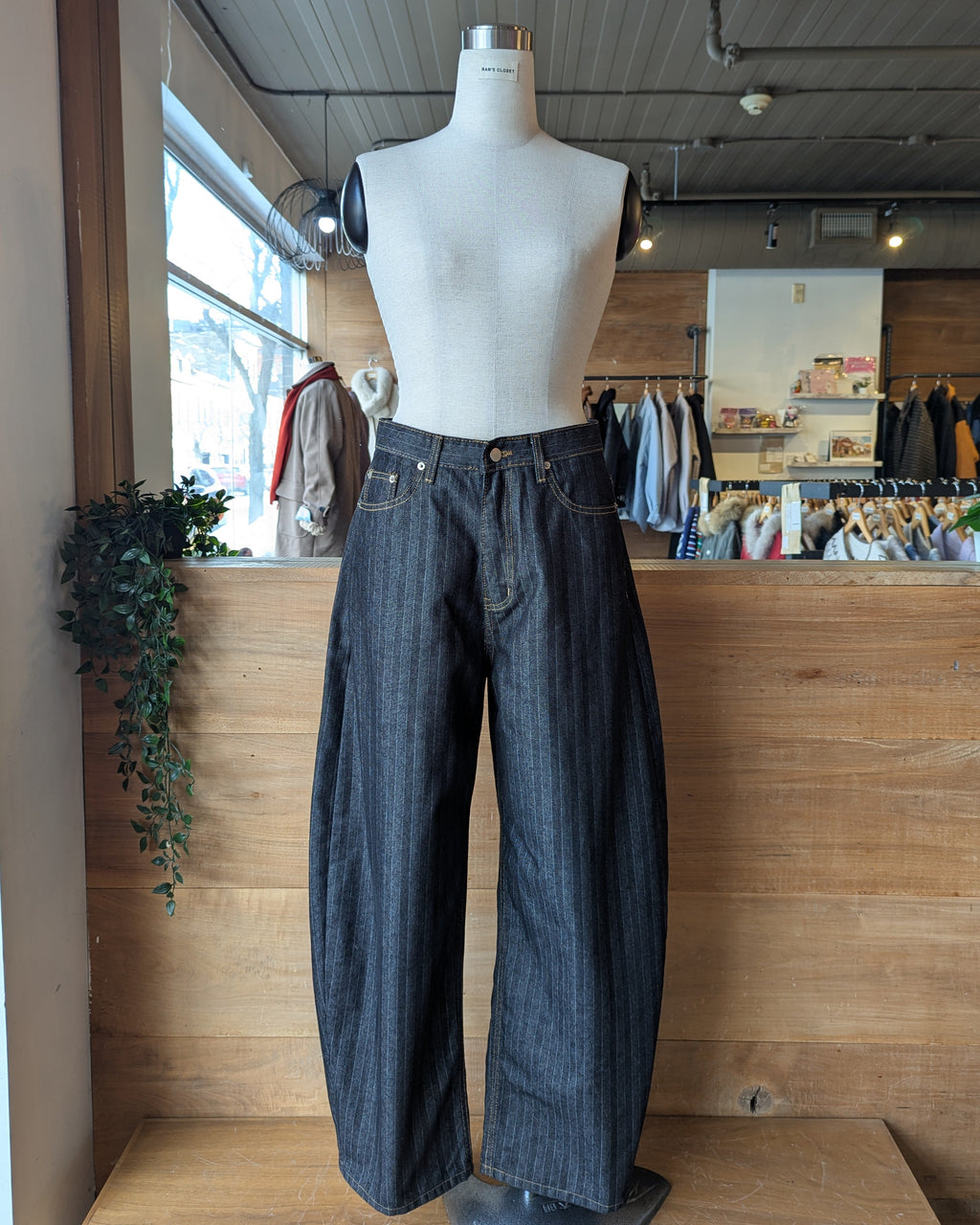 Pinstripe Wide Leg Pants with Orange Contrast Stitching