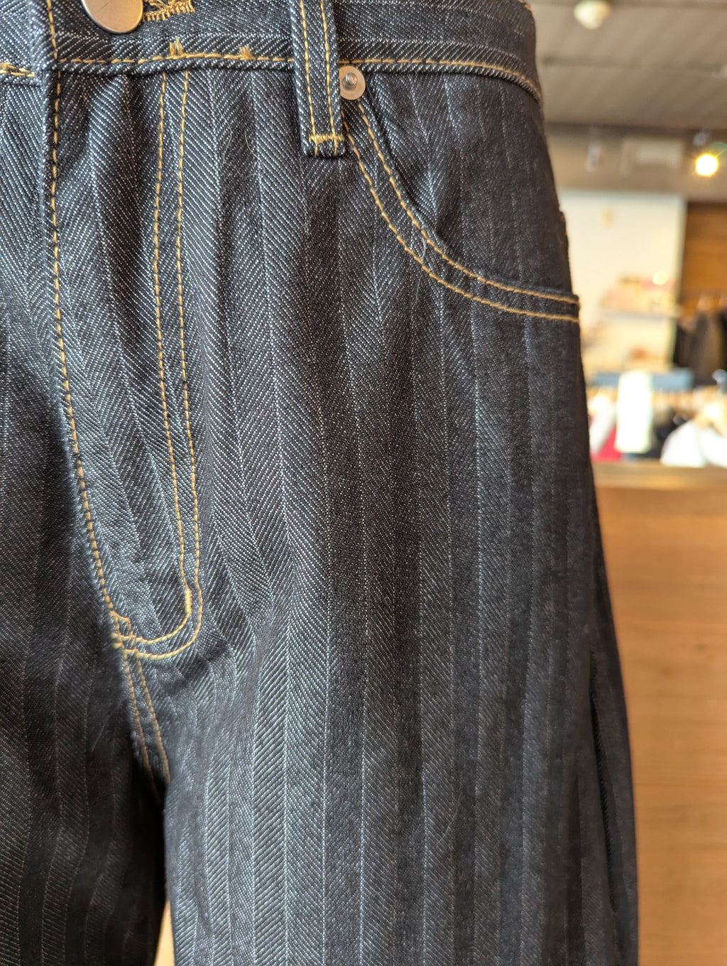 Pinstripe Wide Leg Pants with Orange Contrast Stitching