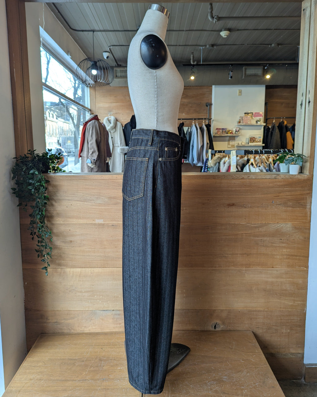 Pinstripe Wide Leg Pants with Orange Contrast Stitching