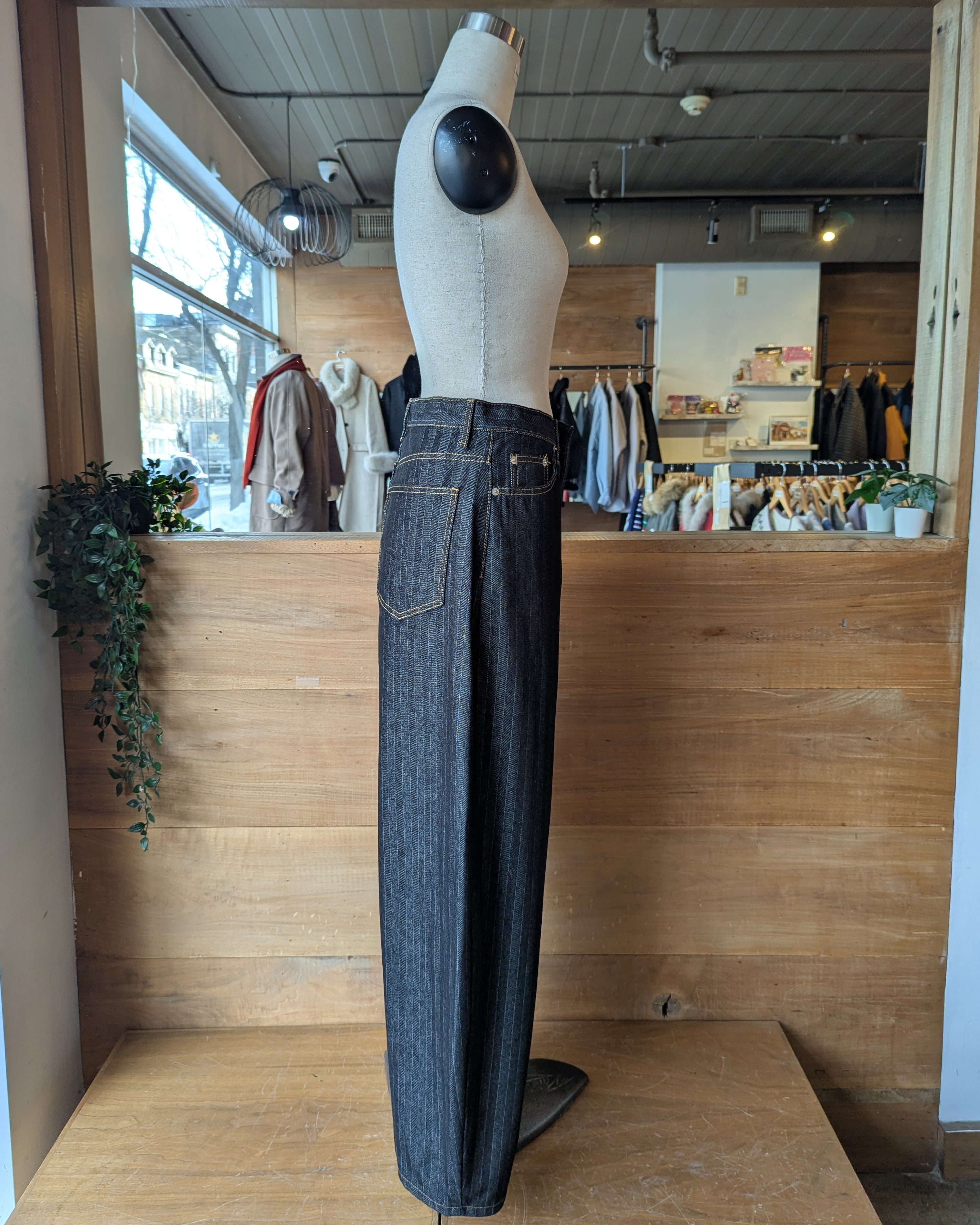Pinstripe Wide Leg Pants with Orange Contrast Stitching