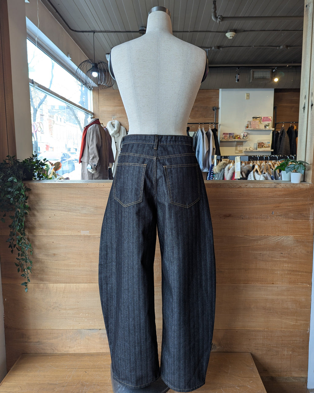 Pinstripe Wide Leg Pants with Orange Contrast Stitching