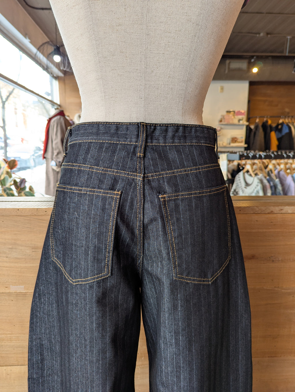 Pinstripe Wide Leg Pants with Orange Contrast Stitching