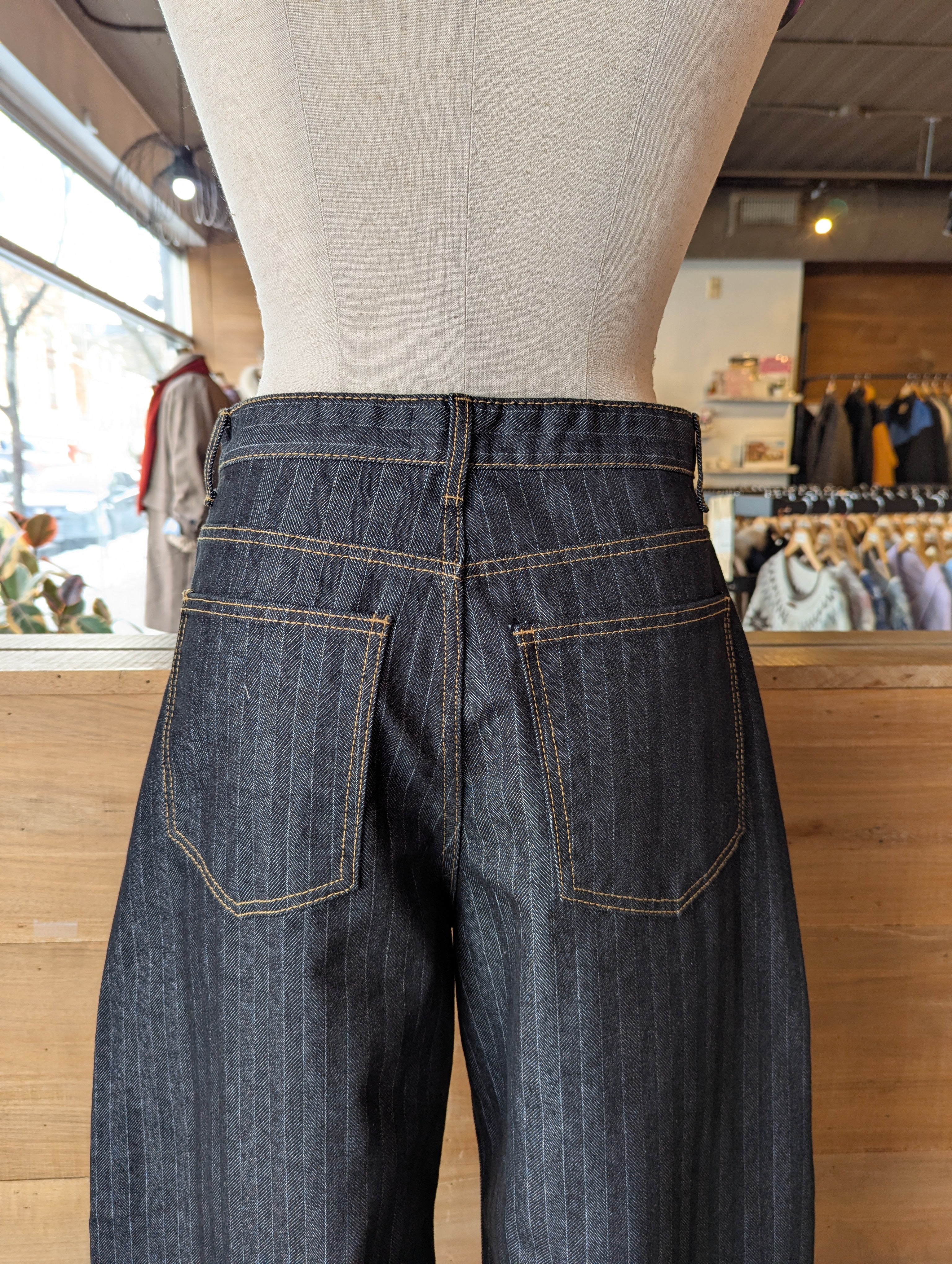 Pinstripe Wide Leg Pants with Orange Contrast Stitching