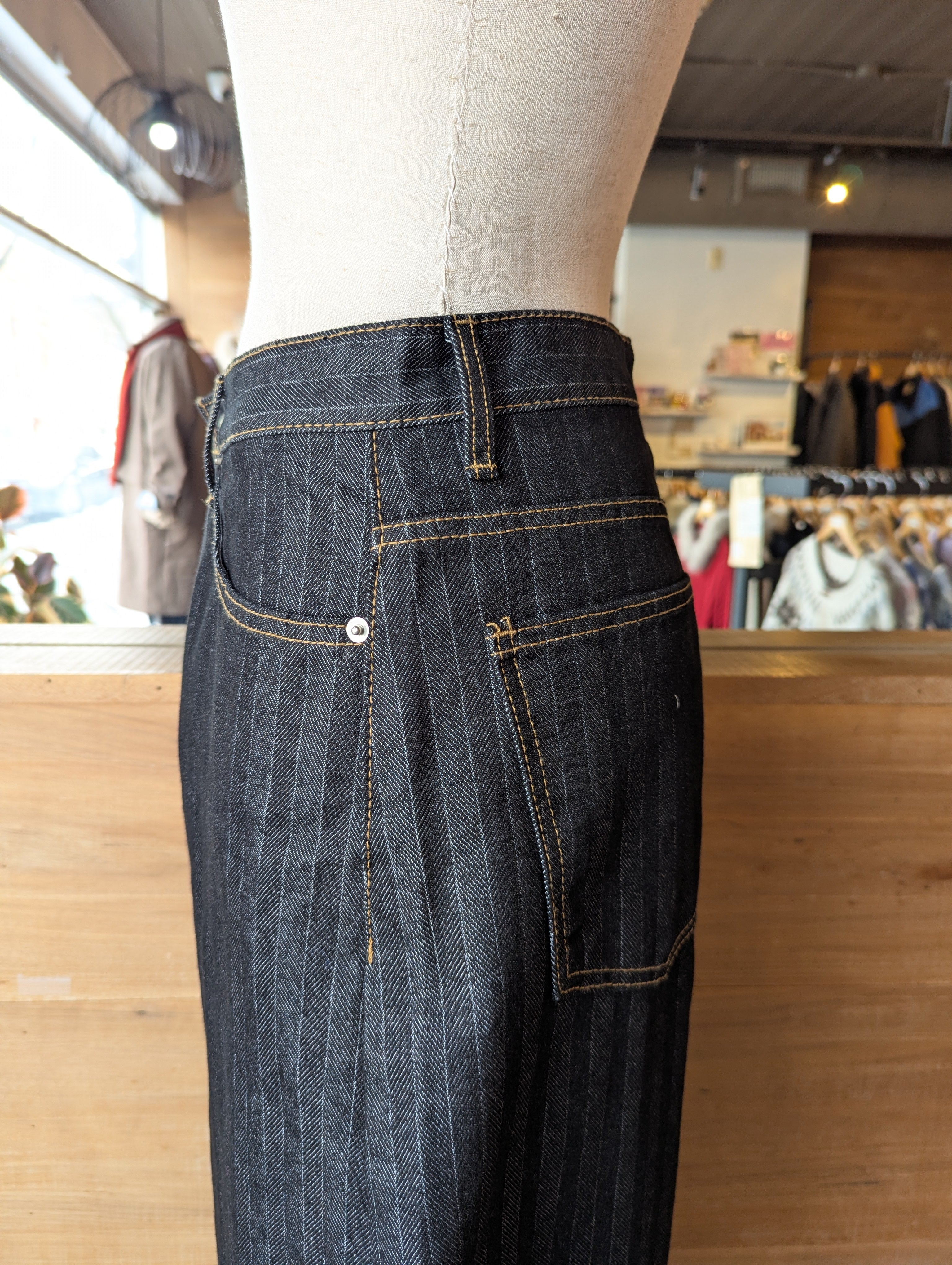 Pinstripe Wide Leg Pants with Orange Contrast Stitching
