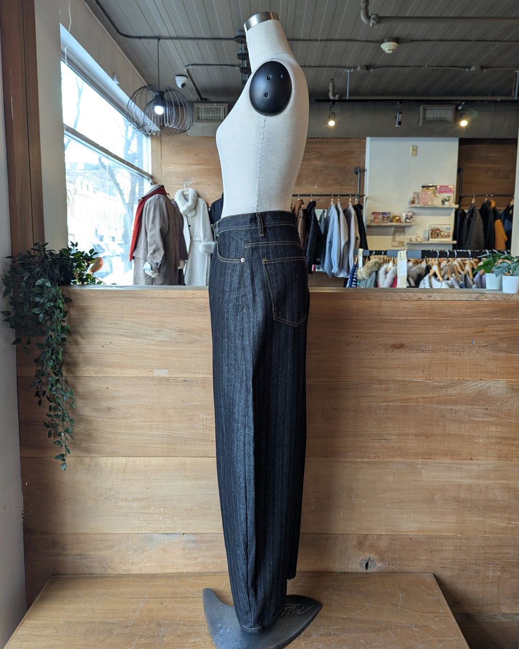 Pinstripe Wide Leg Pants with Orange Contrast Stitching
