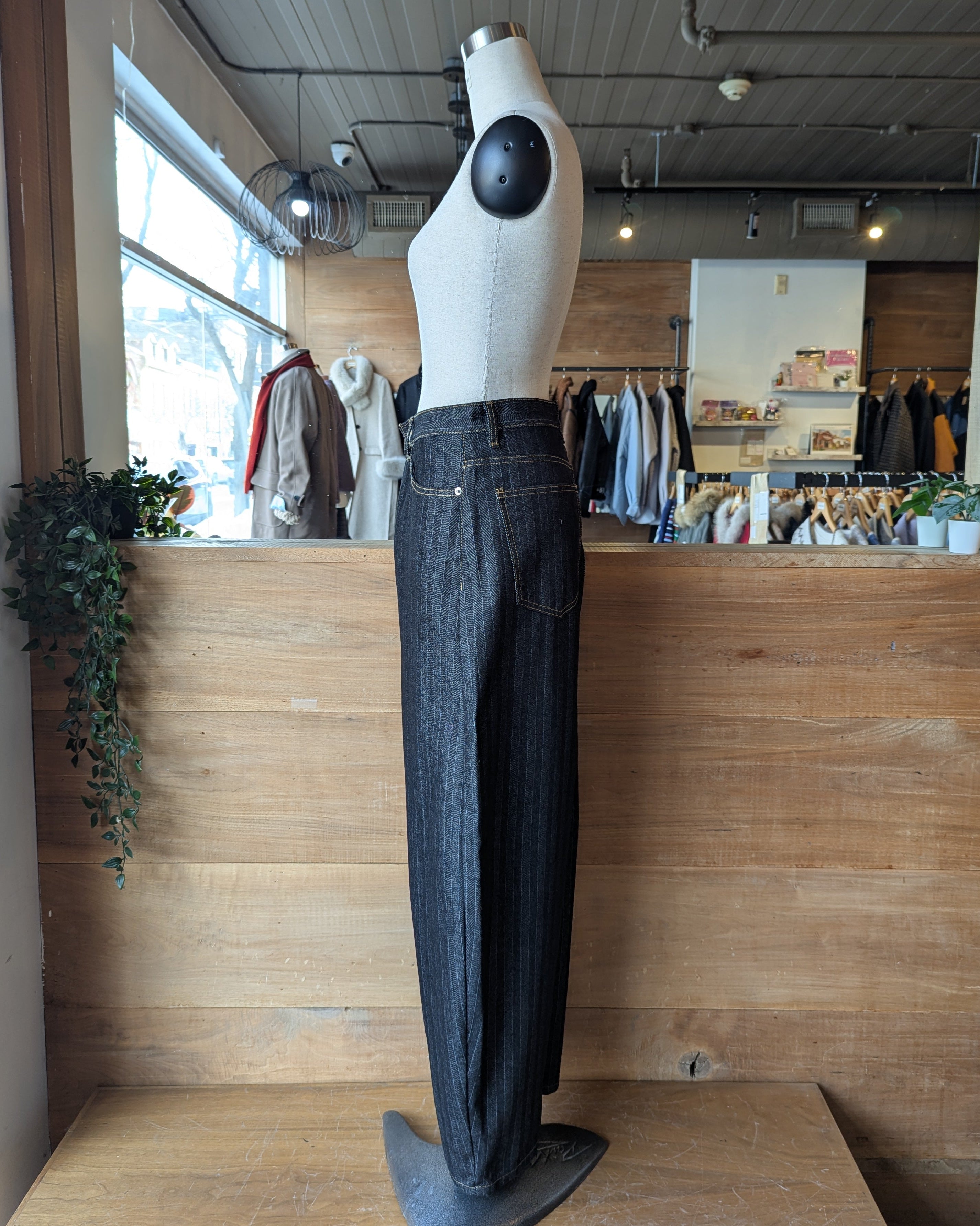 Pinstripe Wide Leg Pants with Orange Contrast Stitching