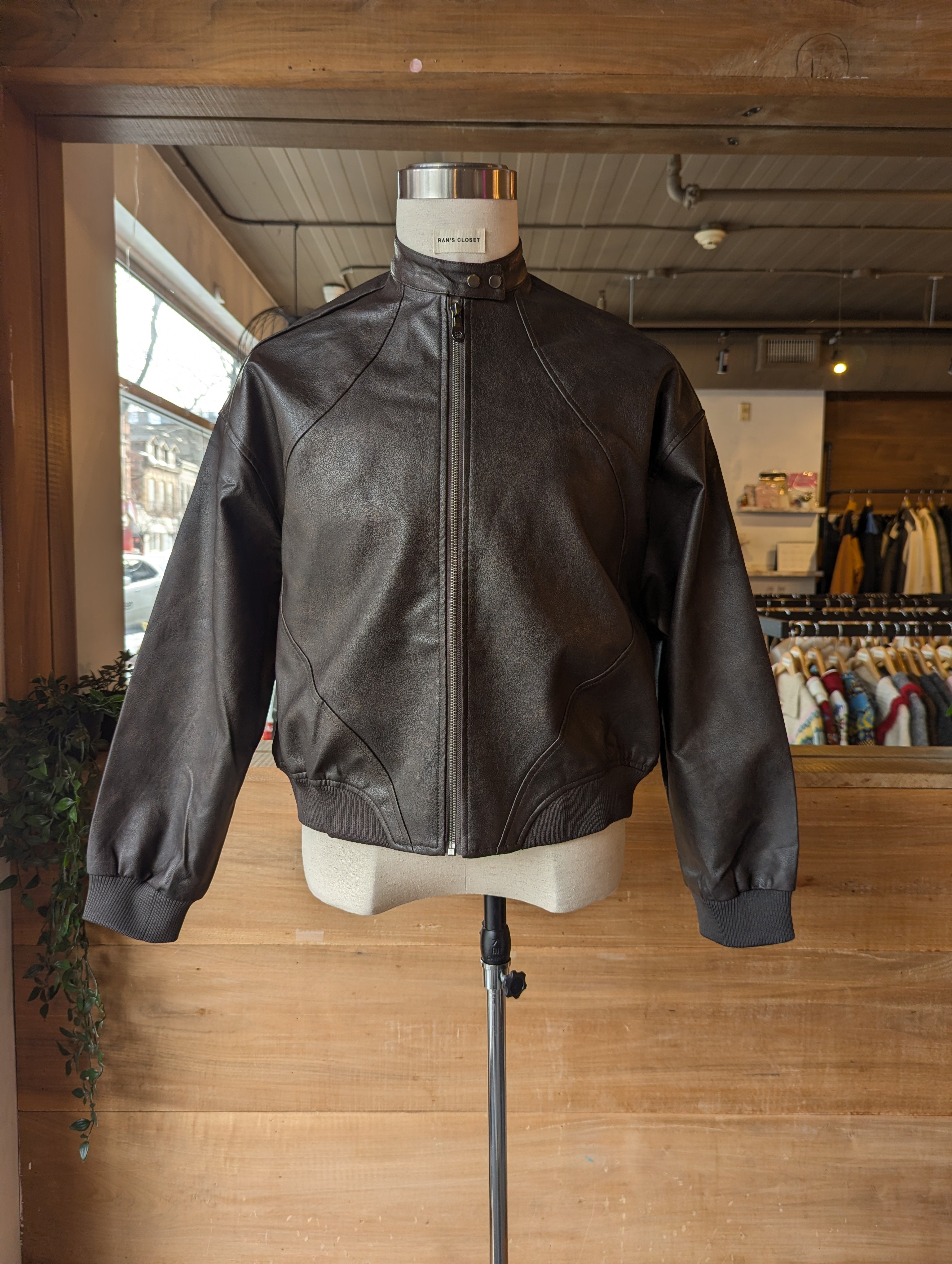 Vegan leather bomber jacket with double snap Collar