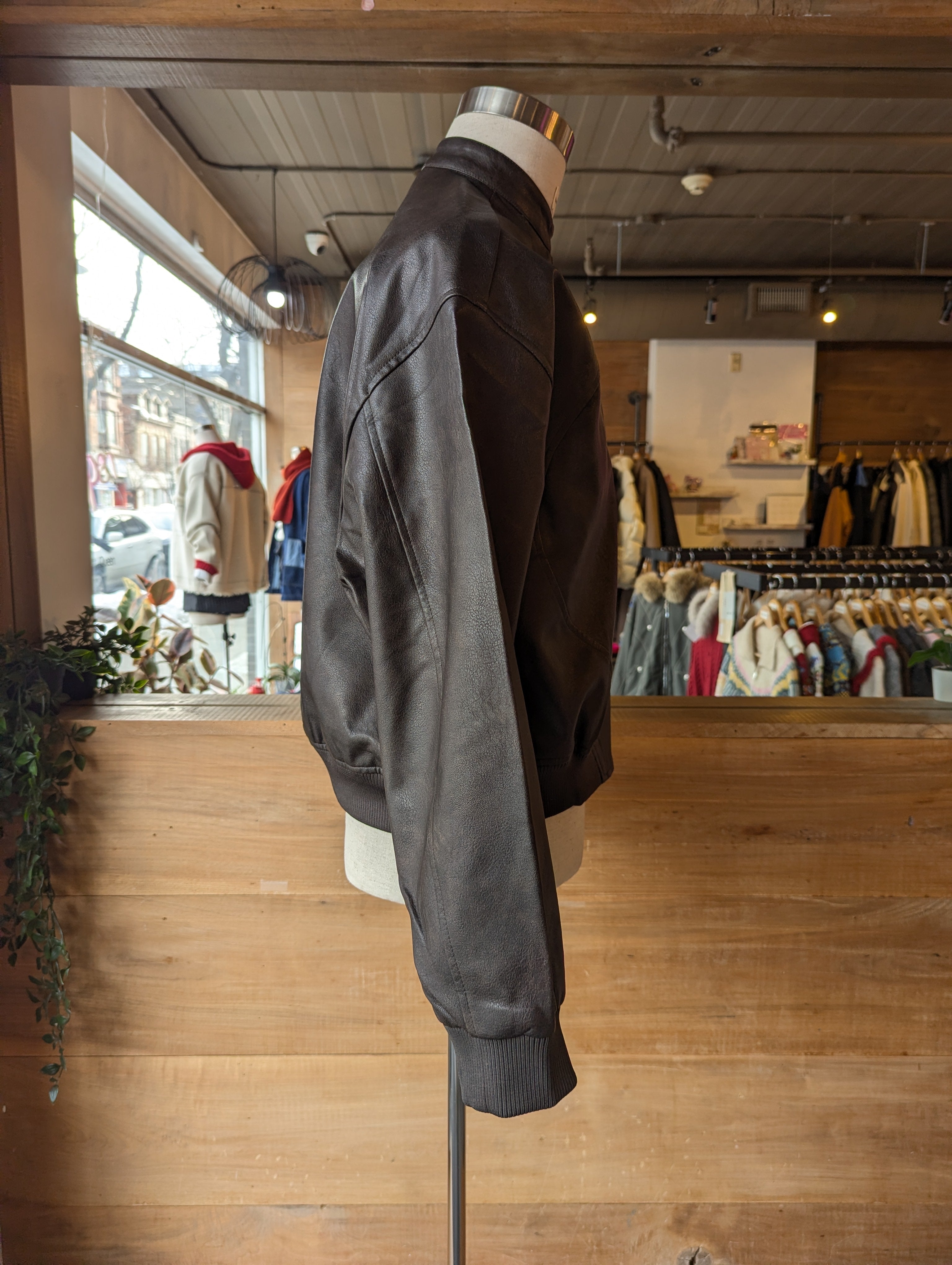 Vegan leather bomber jacket with double snap Collar